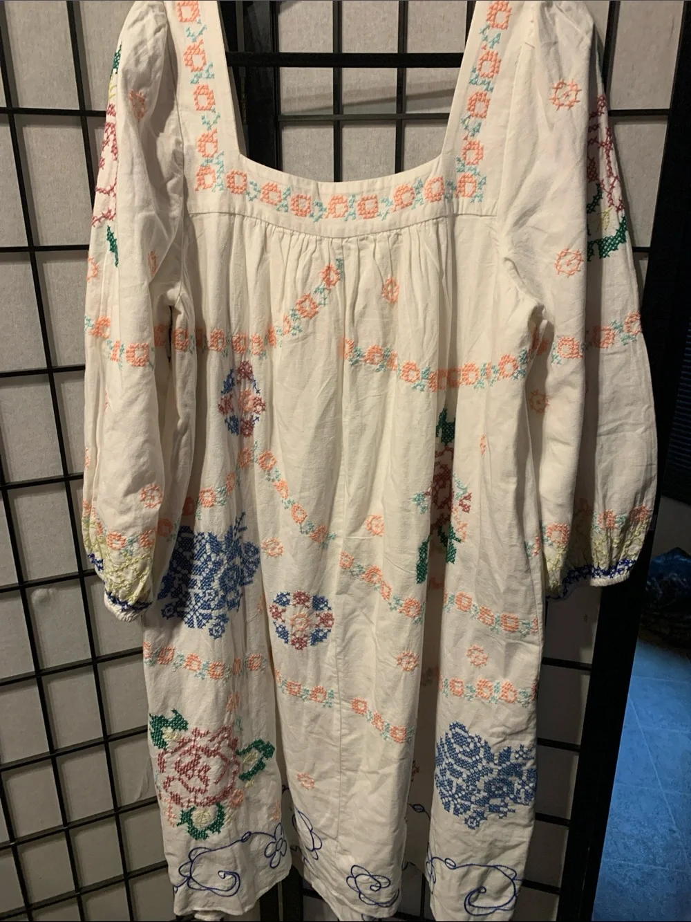 Boho Embroidered White Cotton Maxi Dress with Multicolor Floral Accents Size 8 - Picture 2 of 10